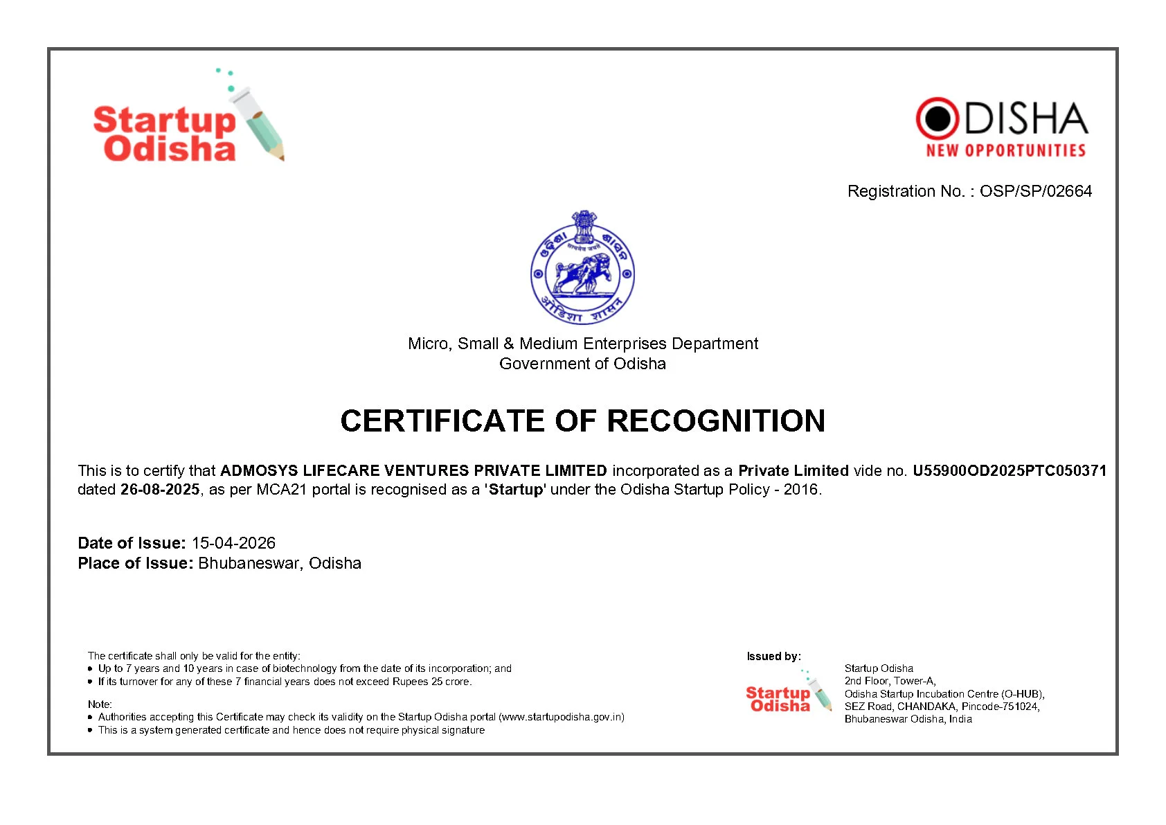 Startup Odisha Certificate